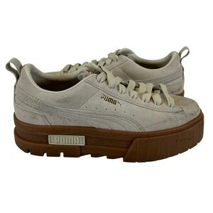 Puma Mayze Womens Oatmeal Team Gold Suede Platform Sneakers 380784-06 Size 8